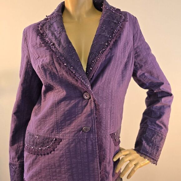 Panitti Purple Blazer Jacket Womens Sz L Embroidered Beaded Lace Embellished - Picture 2 of 12